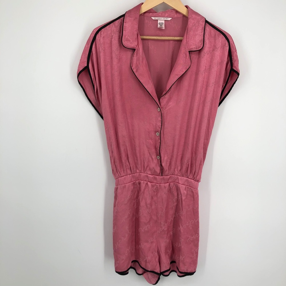 Victorias Secret Womens Pajama Romper Size XL Pink Satin‎ Tie Back Lounge Casual